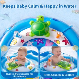Inflatable Baby Pool Float with Sun Canopy, UPF50 Sun Protection, Portable & Easy to Store, Padded Safety Seat with, Includes Air Pump, with Toys Baby Swim Float for 6-36 Months Boys & Girls(Blue)