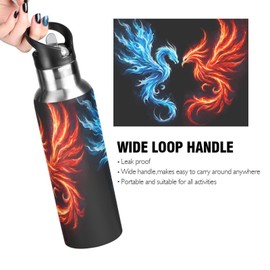 Phoenix Dragon Water Bottle Kids Insulated Boys Girls Stainless Steel Hot Cold Water Flask with Straw Lid for Sports Gym 20 oz