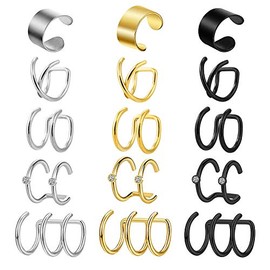 incaton Stainless Steel Ear Cuff Helix Cartilage Clip On Wrap Earrings Non-Piercing Adjustable Ear Cuffs Jewellery for Men Women, Silver/Golden/Black