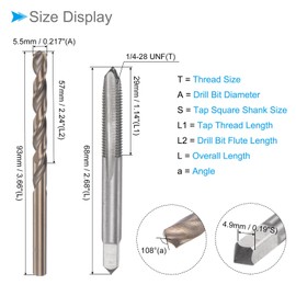 CoCud Tap and Drill Bit Set, 1/4-28 UNF 2B Tap Thread 5.5mm Drill Diameter, Machine Screw Tap & Twist Drill Bit Tool Kit - (Applications: for Threading Tapping Repairing), 1-Set