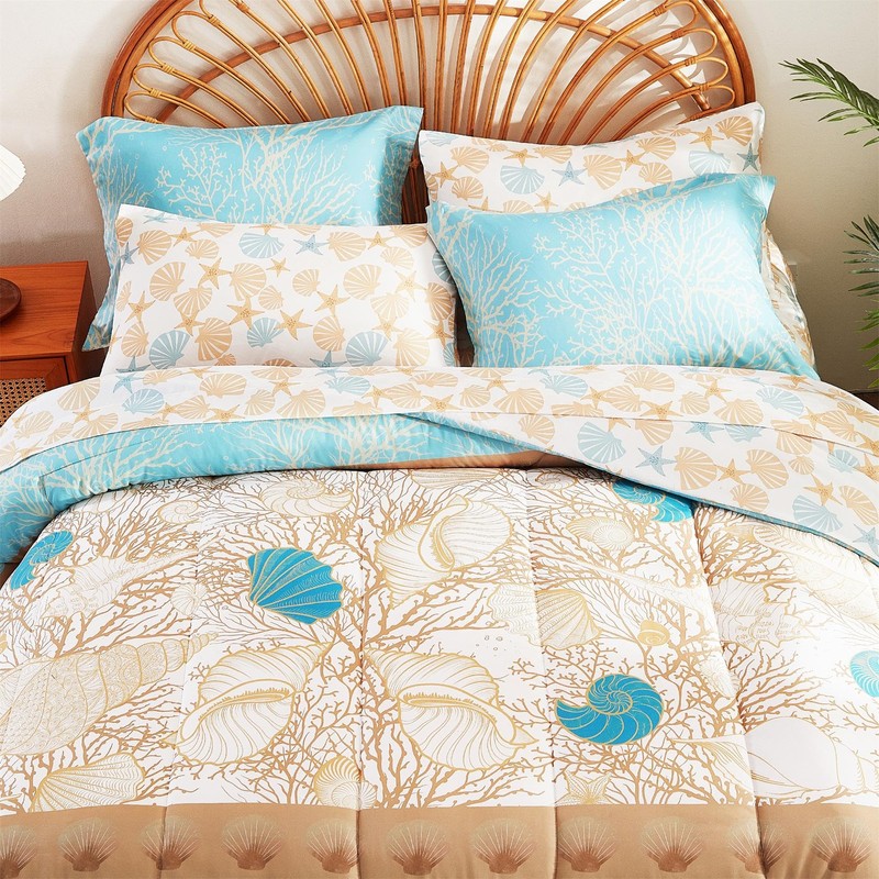 Cmfshape Blue Coastal Queen Size Comforter Set 7 Pieces,Starfish Printed