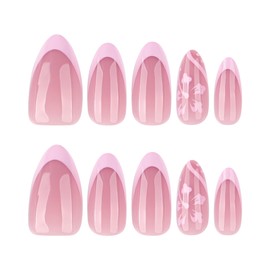 RUOKEXIN Almond Press on Nails French Tip Fake Nails Pink False Nails with Flower Designs Medium Nail Press ons Full Cover Glue on Nails Cute Stick on Nails for Women 24Pcs