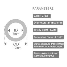 Quickun Pneumatic Tubing 12mm x 8mm PU Polyurethane Tube Air Hose Line for Air Compressor Fitting or Fluid Transfer (Clear 32.8ft/10Meters)