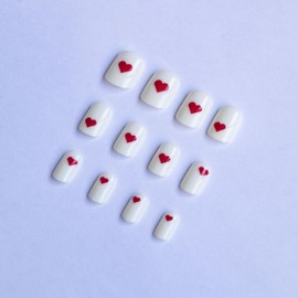 MERVF Valentines Press on Nails Short Square Fake Nails White Solid Color Glue on Nails Red Heart Design Press ons Acrylic Nails Cute Squoval False Nails for Women and Girls Glossy 24pcs