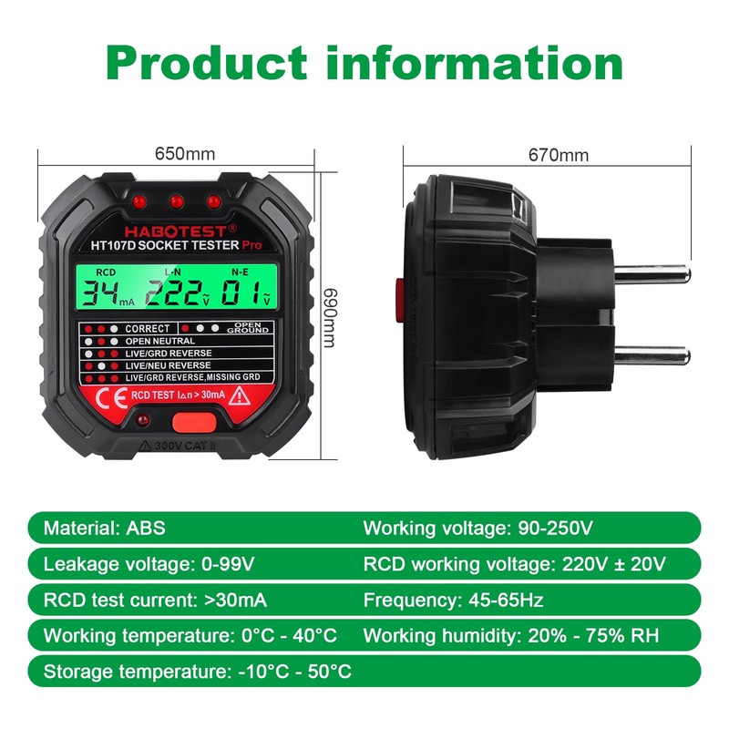 VOBOR Steckdosentester mit RCD-Prüfung und LCD-Voltage-Display, 6 Arten von Fehlerdiagnose,