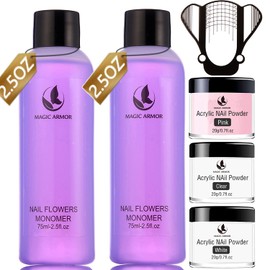 MAGIC ARMOR Acrylic Nail Kit - Acrylic Liquid Monomer and Acrylic Powder Set, 3 Colors Acrylic Powder Clear Pink White Professional Acrylic Monomer Liquid 5oz Acrylic Nail System For Acrylic Nails Extension Kit