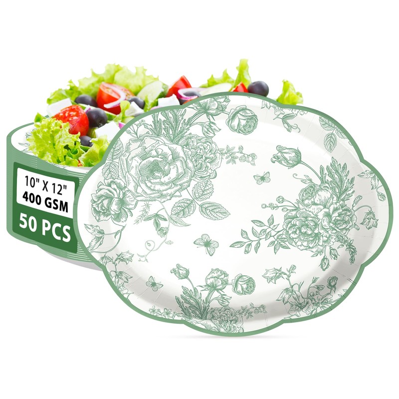 50Pcs Sage Green Floral Large Oval Paper Plates 12 x
