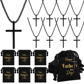 Yinkin 12 Sets Fathers Day Church Gifts Bulk Black Cross Necklace with Drawstring Bags Cross Stainless Steel Necklace for Men Father's Day Church Christian Religious Gifts