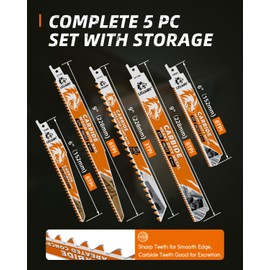 5 Pack Carbide Reciprocating Saw Blade Set, Premium Metal Blades Set for Nail Embedded Wood, Concrete, Heavy Metal, Cast Iron, Alloy Steel Cutting, Heavy-Duty for Demolition