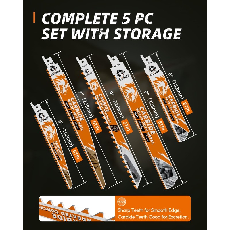 5 Pack Carbide Reciprocating Saw Blade Set, Premium Metal Blades