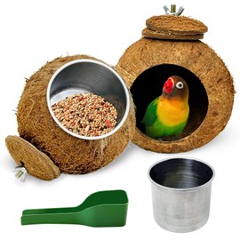 Apatal Coconut bird Feeder Bowl Set of 2 Durable Stainless Steel Dish Hanging Parakeet Cage Bowls with Feeding Spoon Natural Parrot Water Cup for Cockatiels Parakeets Budgies Lovebirds Parrots Finches