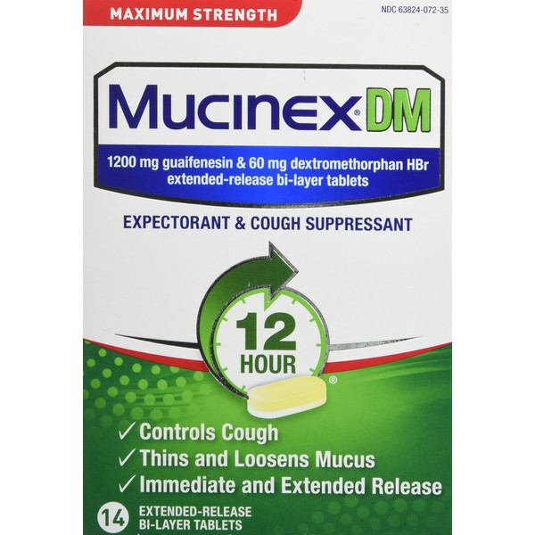 Mucinex DM máxima fuerza 12 horas Expectorante y comprimidos supresores de la tos, 14 unidades