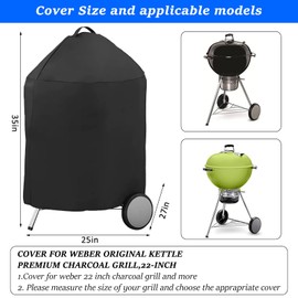 JUEQIGJ Round BBQ Grill Cover for 22 Inch Charcoal Grills Waterproof, Fade Resistant, UV Resistant Kettle BBQ Grill Cover with Hook & Loop Strap, Dome Smoker Cover, Black