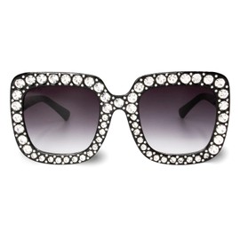 Extra Large Squared Elton Crystal Sunglasses Bling Rhinestone Concert Glasses (Black Square)