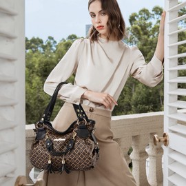 NICOLE & DORIS Women's Retro Shoulder Bag, Soft PU Leather, Retro Shopper Bag, Hobo Handbag, Large Shoulder Bag, Printed Carry Bag for Everyday, School, Travel, Flower Black, Retro