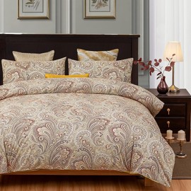 VM VOUGEMARKET Bohemian Damask Duvet Cover Queen,3 Pieces Boho Paisley Bedding Set,Silky Lightweight Egyptian Cotton Duvet Cover with Button Closure-Queen,Gold