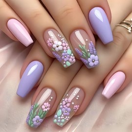24Pcs Press on Nails Medium Coffin French Tip with Purple Pink Flowers Design Acrylic Nails Fake Nails Thick Glossy Full Cover Glue on Nails Stick on Nails for Women Y883