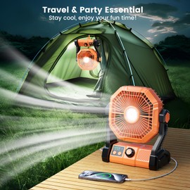 BINUYASHA Camping Fan With 8 Speeds, 10000mAh Battery Operated Fan With LED Lantern, Outdoor Portable Fans For Camping With Remote, Timing, Hook