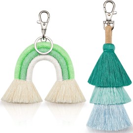 Hicarer 2 Pieces Boho Rainbow Keychains Pom Pom Tassel Macrame Keychains for Women(Vibrant Color)