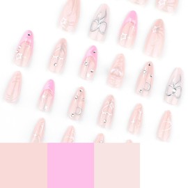24 Pcs 3D Handmade Press on Nails Almond False Nails with Heart Bow Design Pink French Tip Fake Nails Medium Length Artificial Nails Cute Acrylic Nails Press ons Reusable Stick on Nails for Women
