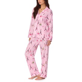 Bed Head PJs Women's Cotton Knit Long Sleeve Classic PJ Set, Tres Chic, Pink, Print, XL