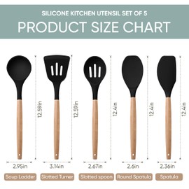 Herogo 5-Piece Cooking Utensils Set, Silicone Kitchen Utensils Set with Wooden Handle, Heat Resistant Cooking Tools Slotted Turner, Spoon, Soup Ladle, Spatula, Spoonula for Nonstick Cookware, Black