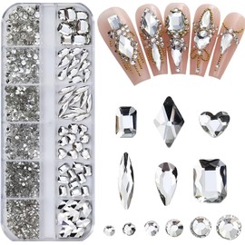 LeTradeJP Nail Parts (12 Types) [Approximately 1,130 Pieces] Nail Art Parts, Rhinestones, Glass Stones, DIY Nail Dating, Women's, Decorative, Festival, 3D, Water Droplet, Rhombus Shape, Heart,