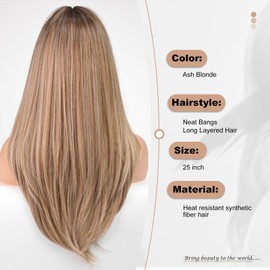 HAIRCUBE Long Ash Blonde Wigs for Women Straight Synthetic Layered Wig with Bangs and Dark Roots
