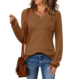 Zeagoo Sweaters for Women Long Sleeve Tops Knit Crew Neck Pullover Sweater Lightweight Brown Crochet 2025 Fall Outfits L
