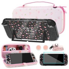 FUNDIARY Travel Carrying Case for Switch 2 with Pink Sakura Design, Cute Accessories with Portable Storage Bag, Glitter Sakura Split Protective Cover, Shoulder Strap, Screen Protector and 2 Thumb Caps
