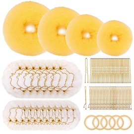 Hair Bun Maker Set, 4 Pcs Crown Shapers for Girls Women, 20Pcs(24inch&12inch) Hair Nets for Buns, 40Pcs（U Shaped&Bobby） Hair Pins, Donut Tool for All Hair Styles（Blonde）