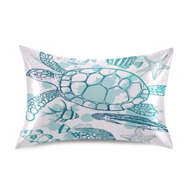 Blueangle Sea Turtle Starfish Satin Pillowcase for Hair and Skin Silk Pillowcase, Queen Size(20x30 inches) - Slip Cooling Satin Pillow Covers with Envelope Closure
