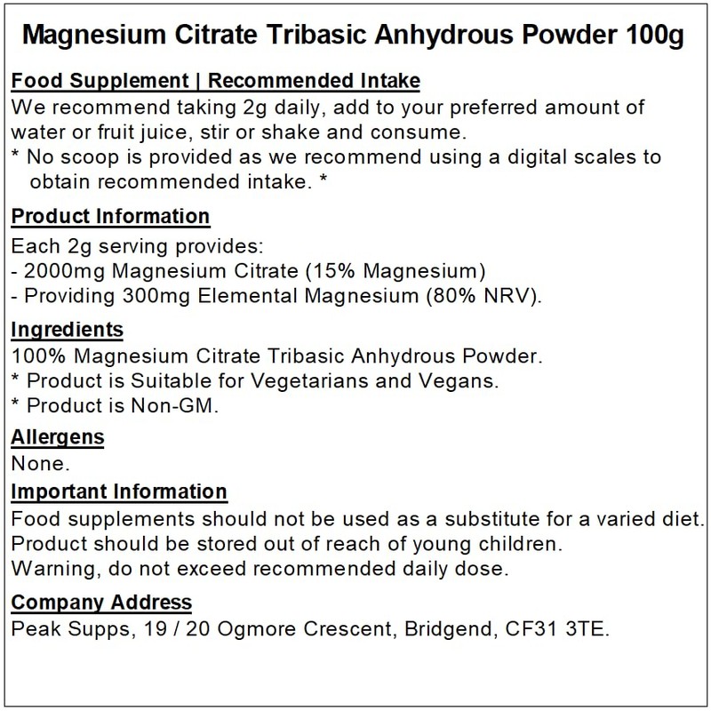 Magnesium Citrate Tribasic Anhydrous Powder - Vegan Friendly - Non