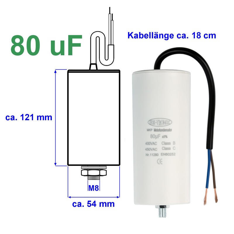 Starting Capacitor, Motor Capacitor, Working Capacitor, Cable 80 μF, 450