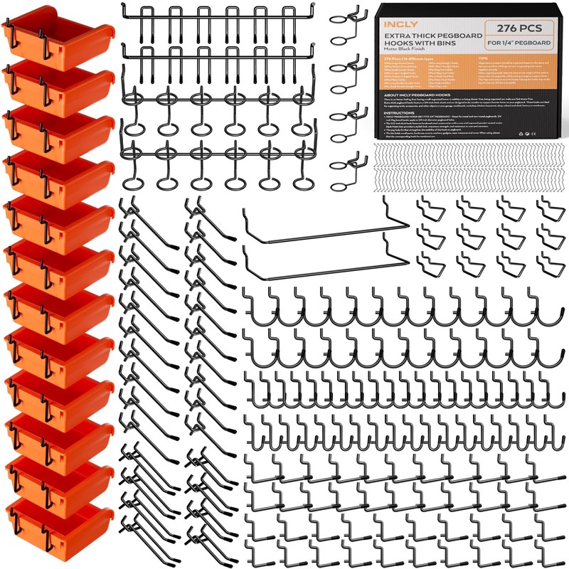 INCLY 276PCS Extra Thick 1/4" Pegboard Accessories Organizer Kit, Heavy