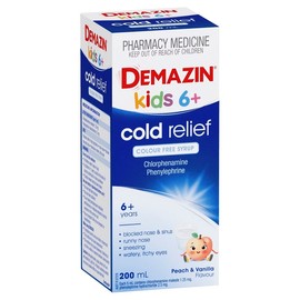 Demazin Kids 6+ Cold Relief Colour Free Syrup Peach & Vanilla Flavour 200ml