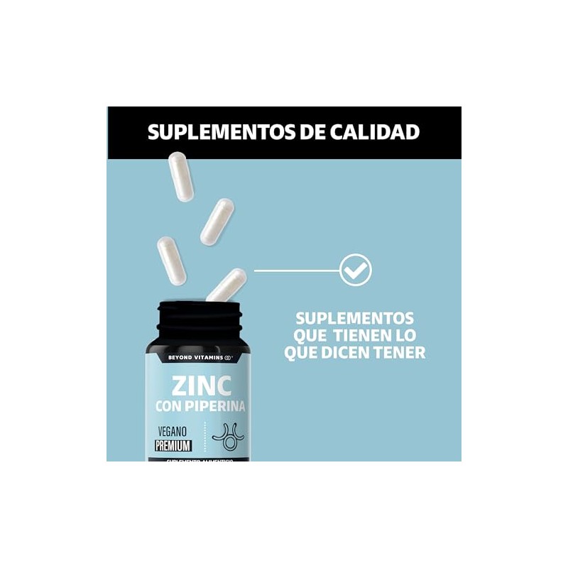 Beyond Vitamins Zinc 20mg Gluconato Potenciado Piperina Estandarizada Apto Dietas