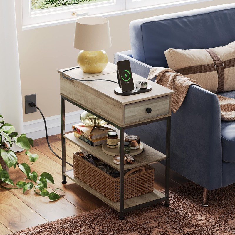 WLIVE Narrow Side Table with 2 USB Ports and 2