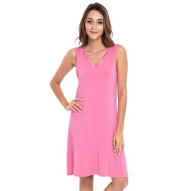 GYS Women's Bamboo Sleepwear Solid Color Sleeveless V Neck Nightgown Soft Sleeping Dress (M, Raspberry Pink)