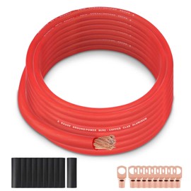 8 Gauge Wire (25FT Red) SGANGCAR True Spec Power Ground Wire Cable with 10 Lugs, 10 Heat Shrink Wrap,Copper Clad Aluminum CCA,for Power/Auto,Amplifier,Car Audio Speaker,Ground Cable