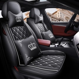 LOVJOYSE Crown Car Seat Covers Full Set, Premium Leather Waterproof Anti-Slip Automotive Interior Protector for Cars, SUVs, Pickup, Trucks & Sedans (Black+White Line)