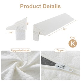 Yojoker King Size Bed Wedge Pillow for Headboard Gap, Wedge Pillow Headboard with Side Pockets and Wave Contour, High-Density Foam Bed Gap Filler (0-6"), 76x10x6 Inch, White