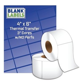 Blank Labels Shipping and Printer Labels 4" x 6" Thermal Transfer Labels on 1" Cores with NO Perforations Between Labels, 1000 Labels Per Roll in Matte White 1 Roll Total Made in USA
