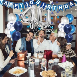 40th Birthday Decoration, 40th Birthday Men with Blue Silver Birthday Decoration, 40th Birthday Blue Retro Lace Tablecloth for Men Women Party Decoration 40th Birthday