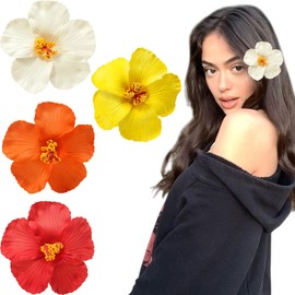 Flower Hair Clips Hawaiian Artificial Flower Hibiscus flower Hair Clips for Women Bridal Wedding Beach Vacation Party Hair Accessories (White)
