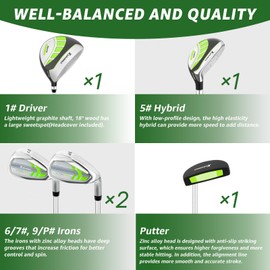 6 Pieces Junior Golf Clubs Set for Kids Ages 11-13, Youth Golf Clubs 6-8 9-12, Complete Kids Golf Club Set with Driver, Hybrid, Irons, Putter, Stand Bag, Lightweight for Boys Girls, Green