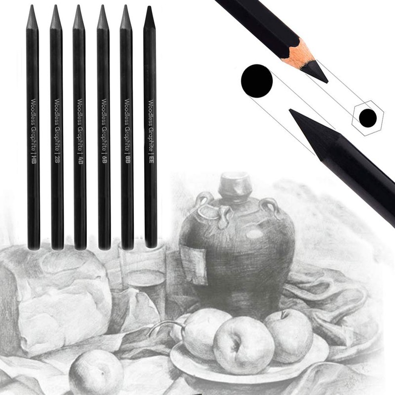 Woodless Charcoal Pencils Set,6 Pcs Professional Pure Carbon Sketch Pens