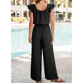Dokotoo Jumpsuits for Women 2025 Fall Ruffle Sleeves Square Neck Rompers Beach Vacation Essentials High Waisted Wide Leg Pants Dressy Resort Wear 2025 with Pockets for Party,Black Medium