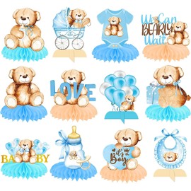 Teddy Bear Honeycomb Centerpieces Blue Teddy Bear Party Supplies 12pcs Watercolor Bear Centerpiece We Can Bearly Wait Table Decorations for Kids Birthday Newborn Gender Reveal Party Supplies