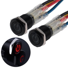 JIQI 2 x 12 mm Momentary Waterproof Pressure Switch 12 V to 24 V 2 A IP66 Button with LED Lighting Black Metal Housing Momentary Push Button with Connecting Wires for Car DIY Car Motorcycle (Red)